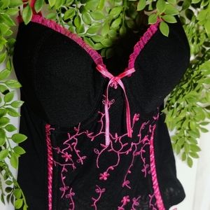 sweet black and pink embroidered floral bustier